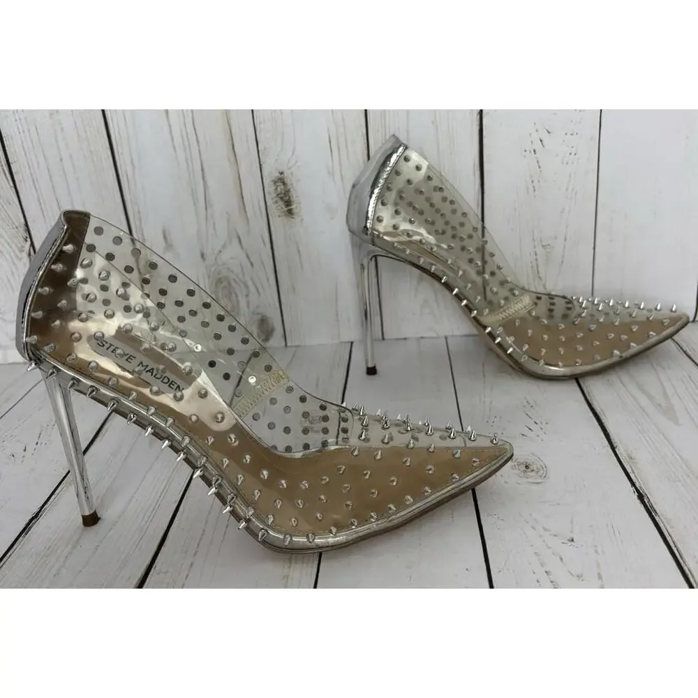 Steve Madden Vala Stud Clear Pumps Silver Spikes Punk Goth Size 7.5 - Picture 4 of 8